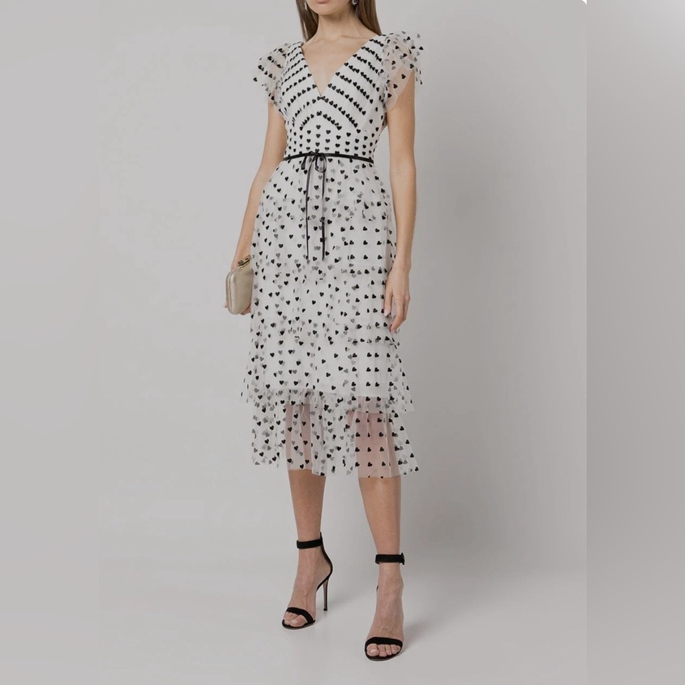 🖤 Marchesa Notte Heart Appliqué Ruffle Tiered Dress